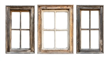 Fototapeta premium Set of four wooden windows in different sizes with plain glass and worn-out wooden frames on white background.