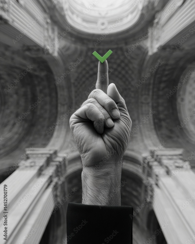 Poster Digital Verification Revolution Minimalist Corporate Compliance Imagery with Holographic Green Check Mark in Architectural Grid Setting - Future of Professional Validation