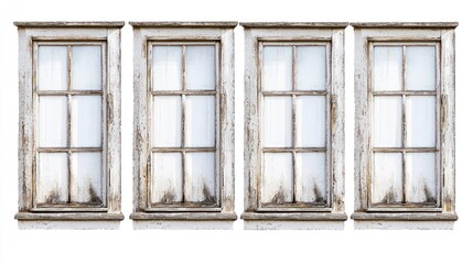 Fototapeta premium Set of four wooden windows with old-fashioned white paint on a white background.