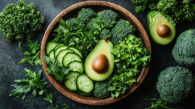 Green vegetables including avocado broccoli and cucumber in a wooden bowl. - Powered by Adobe