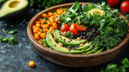 Wooden bowl filled with salad featuring avocado kale chickpeas tomatoes and seeds.