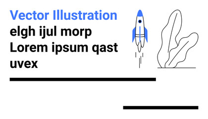 Blue and white rocket launching with abstract decorative plant, placeholder text, and lines. Ideal for technology, startup, innovation, progress, strategy, minimalism simple landing page