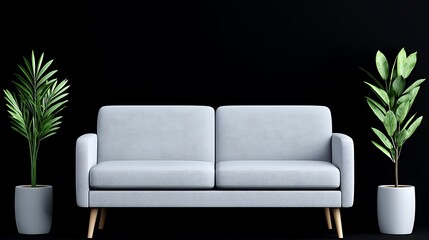 Fototapeta premium Minimalist Living Room with White Sofa and Lush Greenery Against a Dark Backdrop, Highlighting Simple Elegance.