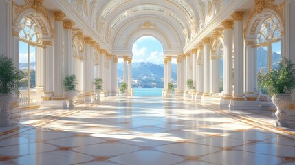 Fototapeta premium Grand hall with ornate architecture overlooking a serene lake and mountains in the distance