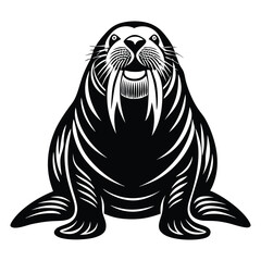Vector illustration of walrus isolated on white background, Monochrome Walrus Sitting on the Ground