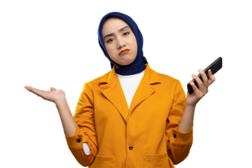 Frustrated Asian woman holding smartphone with shrugging gesture isolated on transparent background
