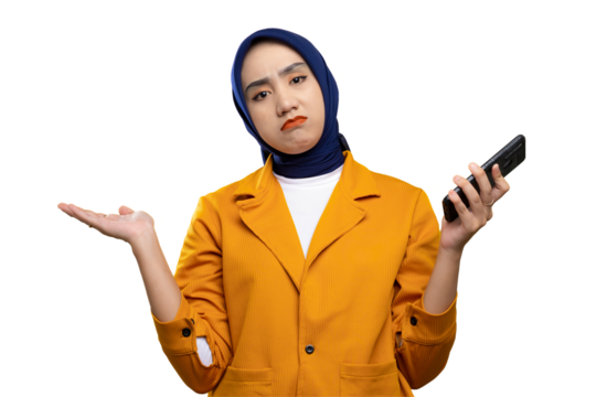 Frustrated Asian woman holding smartphone with shrugging gesture isolated on transparent background