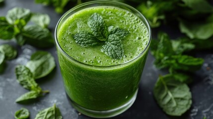 Green smoothie in glass with mint garnish surrounded by spinach leaves.
