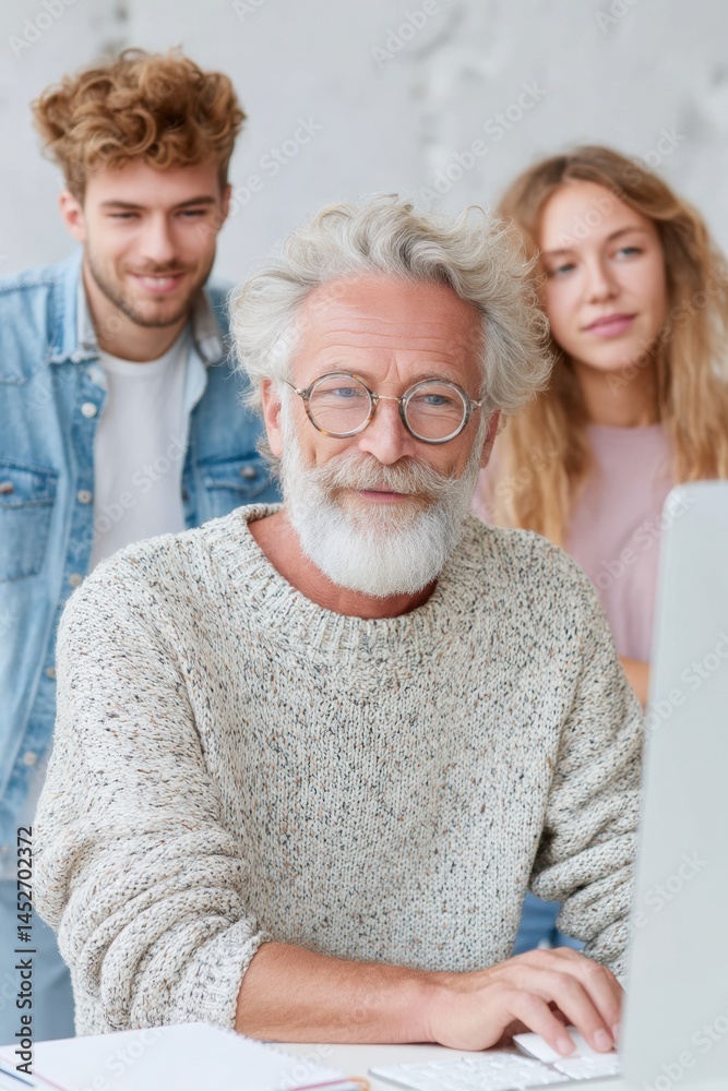 Aufkleber Intergenerational Digital Collaboration Empowering Wisdom and Tech Innovation with Inclusive Mentorship in Modern Multigenerational Workspace