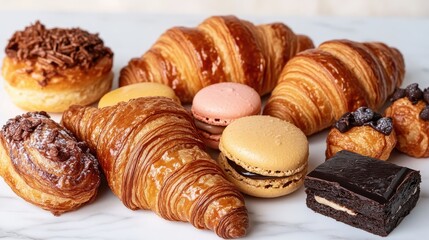 Freshly baked pastries and colorful macarons on marble