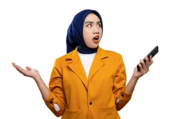Shocked Asian woman with smartphone looking confused isolated on transparent background