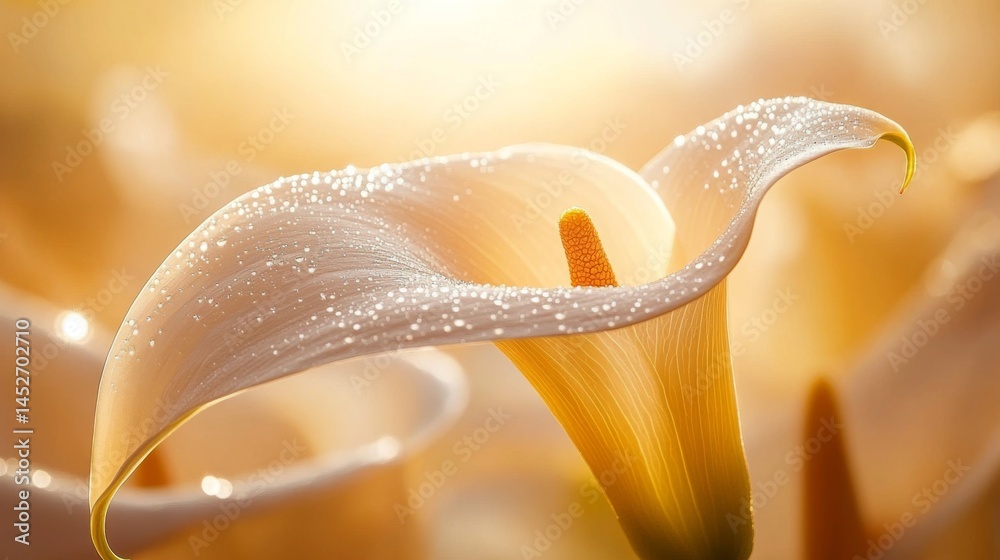 Poster an elegant close-up of a calla lily with dew drops glistening on its smooth petals, highlighting its