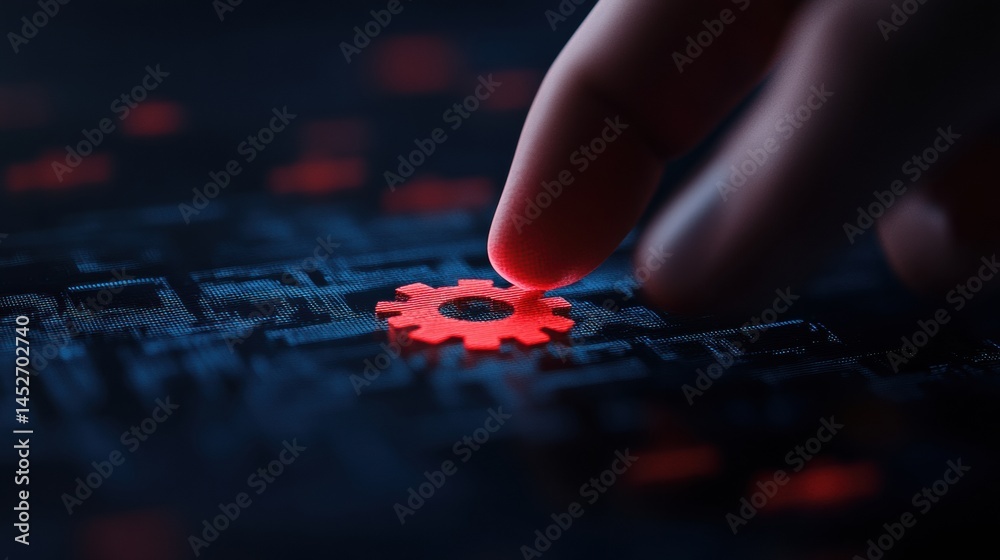 Poster Next-Gen Digital Optimization Minimalist Tech Interface Reveals Cybernetic Transformation with Glowing Gear Interaction - Cutting-Edge Software Evolution Narrative