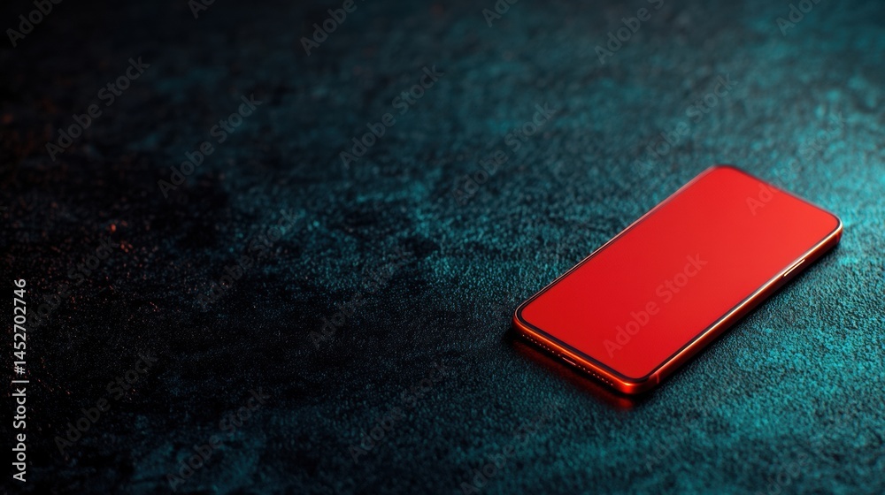 Aufkleber minimalist tech elegance sleek red smartphone on textured deep teal surface - modern digital lifesty