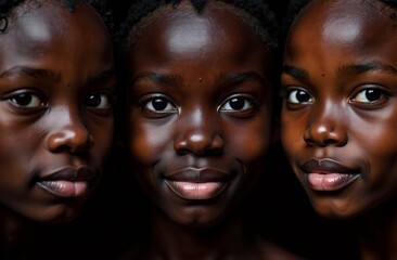 Three black young girls. African Americans. Different shades of dark skin for commercial advertising foundations. African braids. Close-up of faces. Diversity concept. Models for a cosmetic brand.