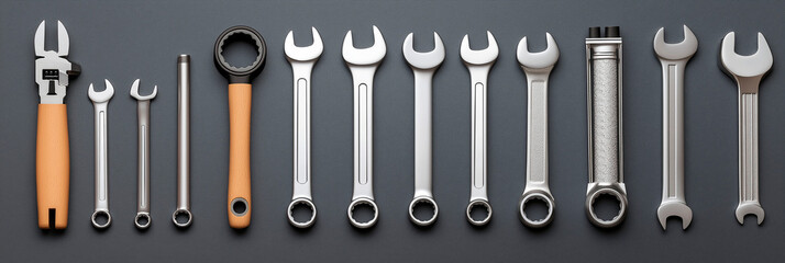 Set of various metal wrenches and tools with wooden and steel handles neatly arranged on dark background