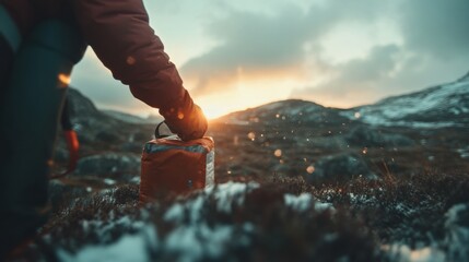 Resilient Adventure Gear Eco-Conscious Male Hikers Thermal Emergency Kit in Climate-Adaptive Winter Landscape - Sustainable Outdoor Survival Narrative