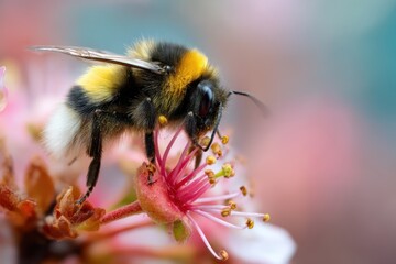 Macro close-up of a bee collecting pollen on pink flower blossom