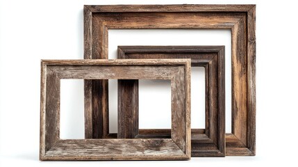Set of nested wooden frames with weathered surfaces on white background.