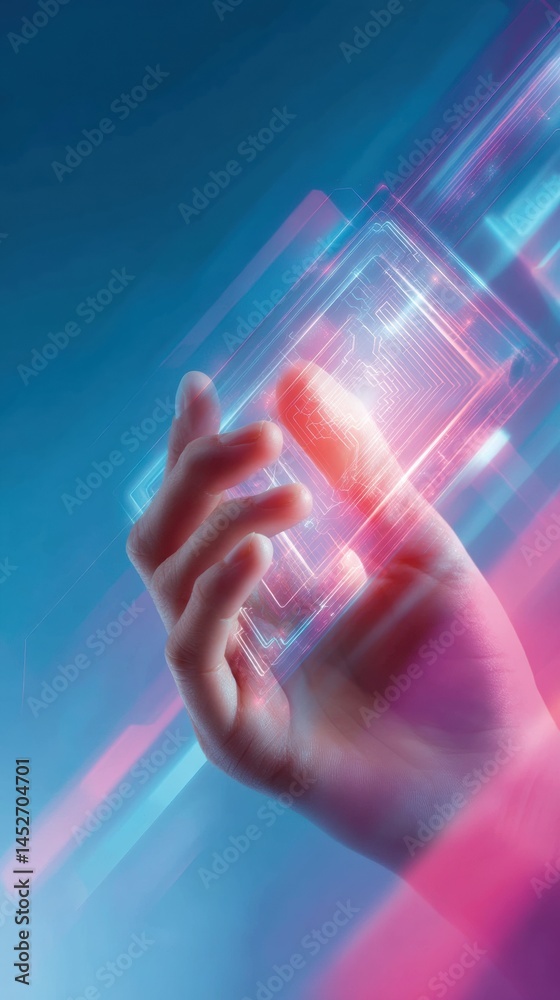 Poster Futuristic Fintech Security Immersive Digital Payment Authentication with Holographic Interface - Next-Gen Cybersecurity and Seamless Financial Technology Innovation