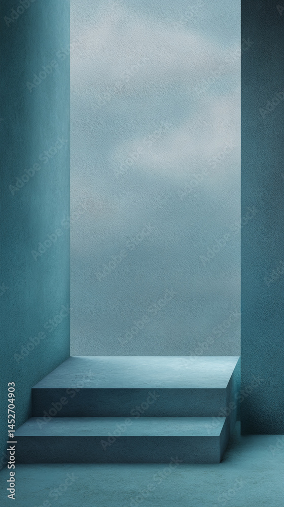 Poster Teal textured wall with three-step platform, showcasing blank space ideal for product display or advertisement Mockup