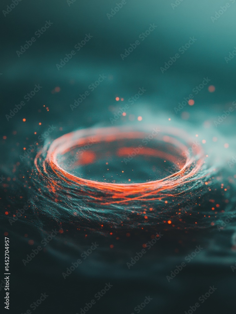Poster Quantum Vortex Visualization Immersive Digital Art of Quantum Mechanics Turbulence with Cinematic Deep Teal and Ember Particle Dynamics