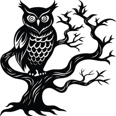 Fototapeta premium Black and White Silhouette of Owl Perched on Bare Tree Branch Vector Graphic