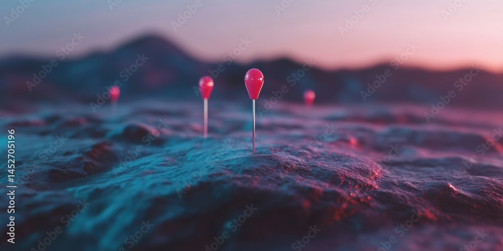 Poster Geospatial AI Visualization Cinematic Topographical Mapping with Strategic Location Pins - Innovative Data Science and Digital Transformation Insights