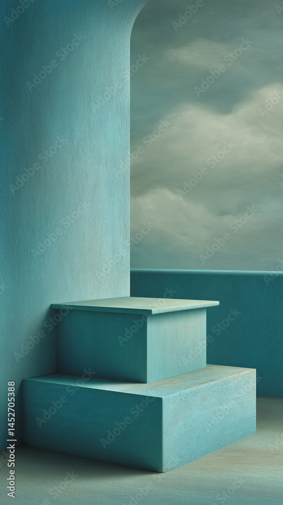 Poster teal textured platform, two-tiered, against a backdrop of a cloudy sky, showcasing a minimalist desi