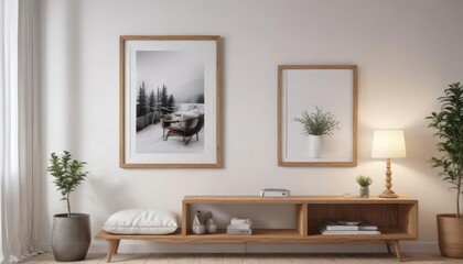 Cozy home interior, poster mockup on clips, white wall, wooden frame,  minimalist,  aesthetic