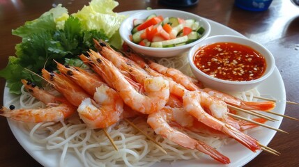 A beautifully arranged platter of grilled shrimp skewers, served with a side of spicy dipping sauce and colorful vegetables, emphasizing delicious flavors and presentation.