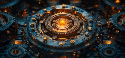 Intricate Clockwork Mechanism: A Glowing Core of Gears and Cogs