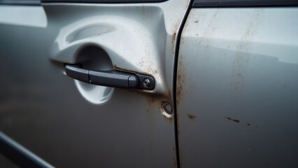 Car Door Damage: Rust and Dent on Silver Vehicle, Close-up of Collision Impact, Automotive Repair Needed