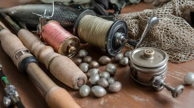 Fishing still life featuring fishing rods, reels with colorful fishing line, fishing weights and a gray scaled fish on brown wooden surface