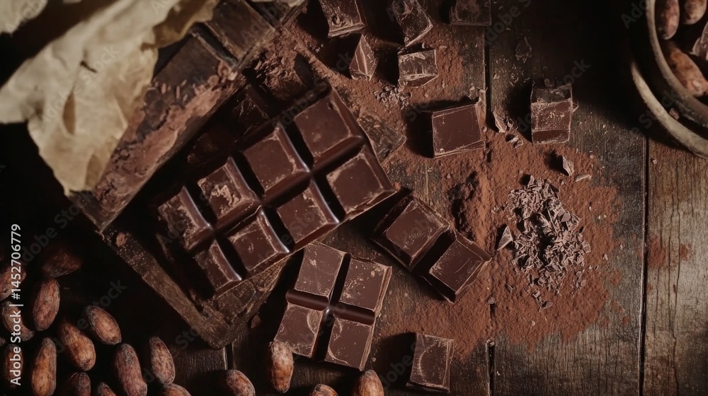Poster A beautiful overhead shot of chocolate bars and cocoa beans scattered on a rustic table, evoking the rich history and flavor of chocolate-making.
