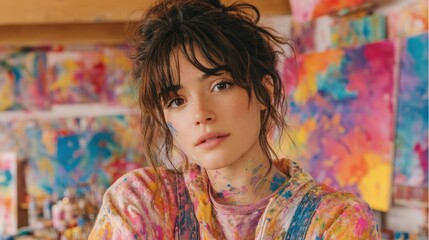 Fototapeta premium Young woman with colorful artwork background.