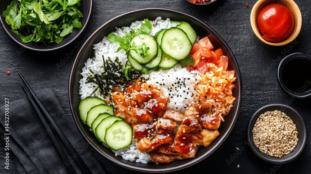 Poster A beautiful overhead view of a bowl of fried rice with various toppings, including sliced cucumber and tomatoes, creating a colorful and inviting composition.