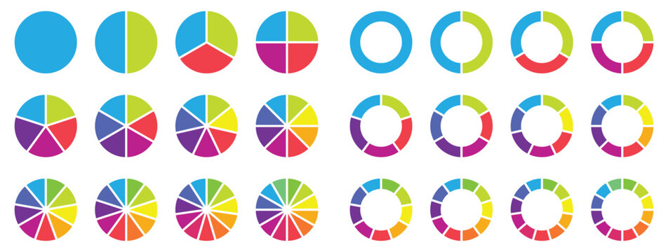 Circle pie chart diagram. 1,2,3,4,5,6,7,8,9,10,11,12 sections or steps. Progress sectors. Flat process cycle. Pie chart set. Circle section graph. vector illustration, Eps 10