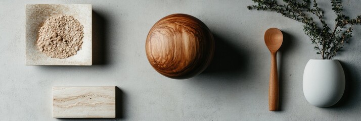 Minimal Zen Wellness Composition Organic Wooden Sphere and Powder Texture - Mindful Lifestyle Design, Sustainable Aesthetic for Holistic Living Spaces