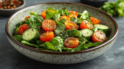 Salad in a bowl with tomatoes cucumbers and greens on a gray surface.