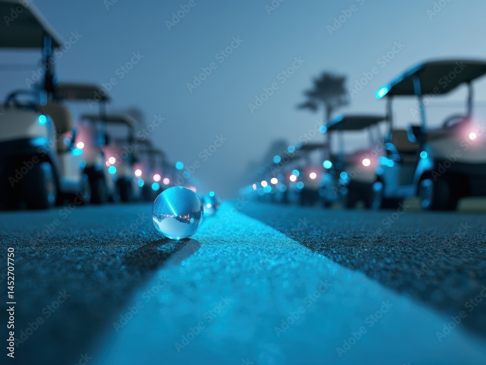 Poster cinematic golf tech luminescent course visualization with crystal sphere - futuristic sport infrastr
