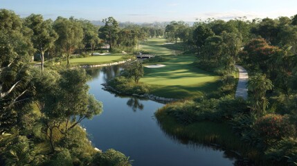 Fototapeta premium Scenic golf course with water hazard and lush greenery in morning light