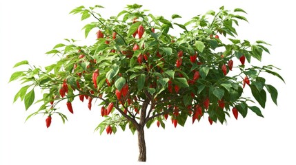 Fototapeta premium Red Pepper Bush with Green Leaves