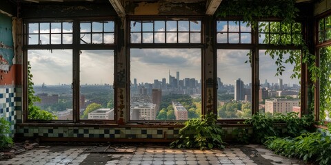 Fototapeta premium Overgrown Window: A City Skyline Seen Through Decaying Frames