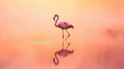 Obraz premium A flamingo standing on one leg in a shallow misty lagoon