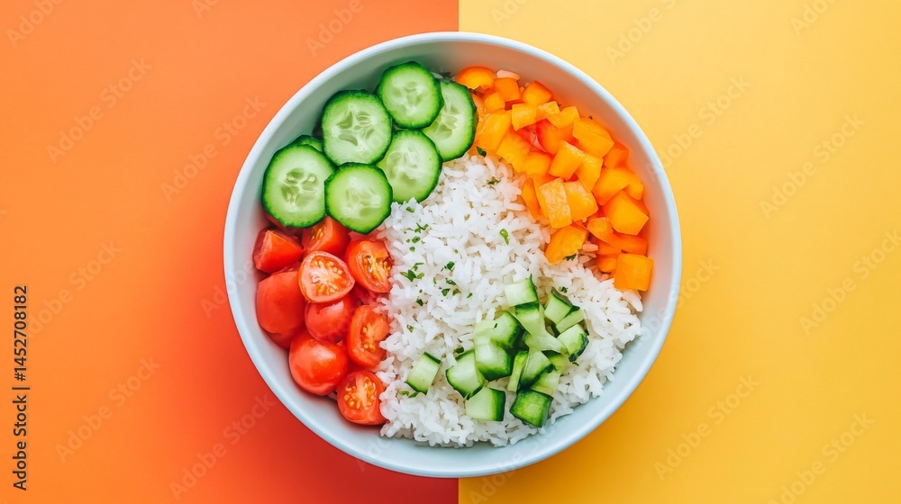 Poster A beautiful overhead view of a bowl of fried rice with various toppings, including sliced cucumber and tomatoes, creating a colorful and inviting composition.