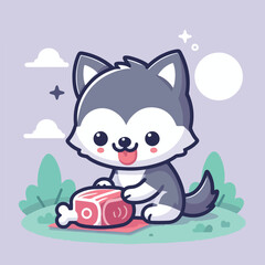 vector image of cute wolf eating meat