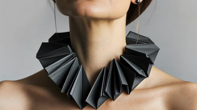 A woman wearing a bold choker necklace with sharp, angular elements, embodying avant-garde 3D-printed jewelry design.	