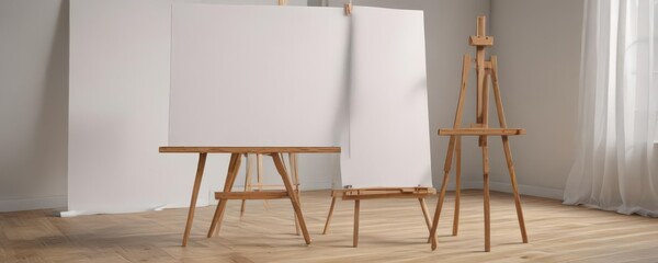 Wooden easel legs and base support a large blank canvas ,  mockup,  blank,  object