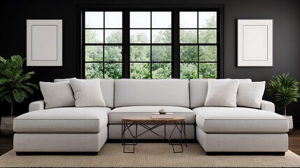 Modern Minimalist Living Room Interior Design Featuring a Large Sofa, Natural Light, and Blank Frames for Artwork.